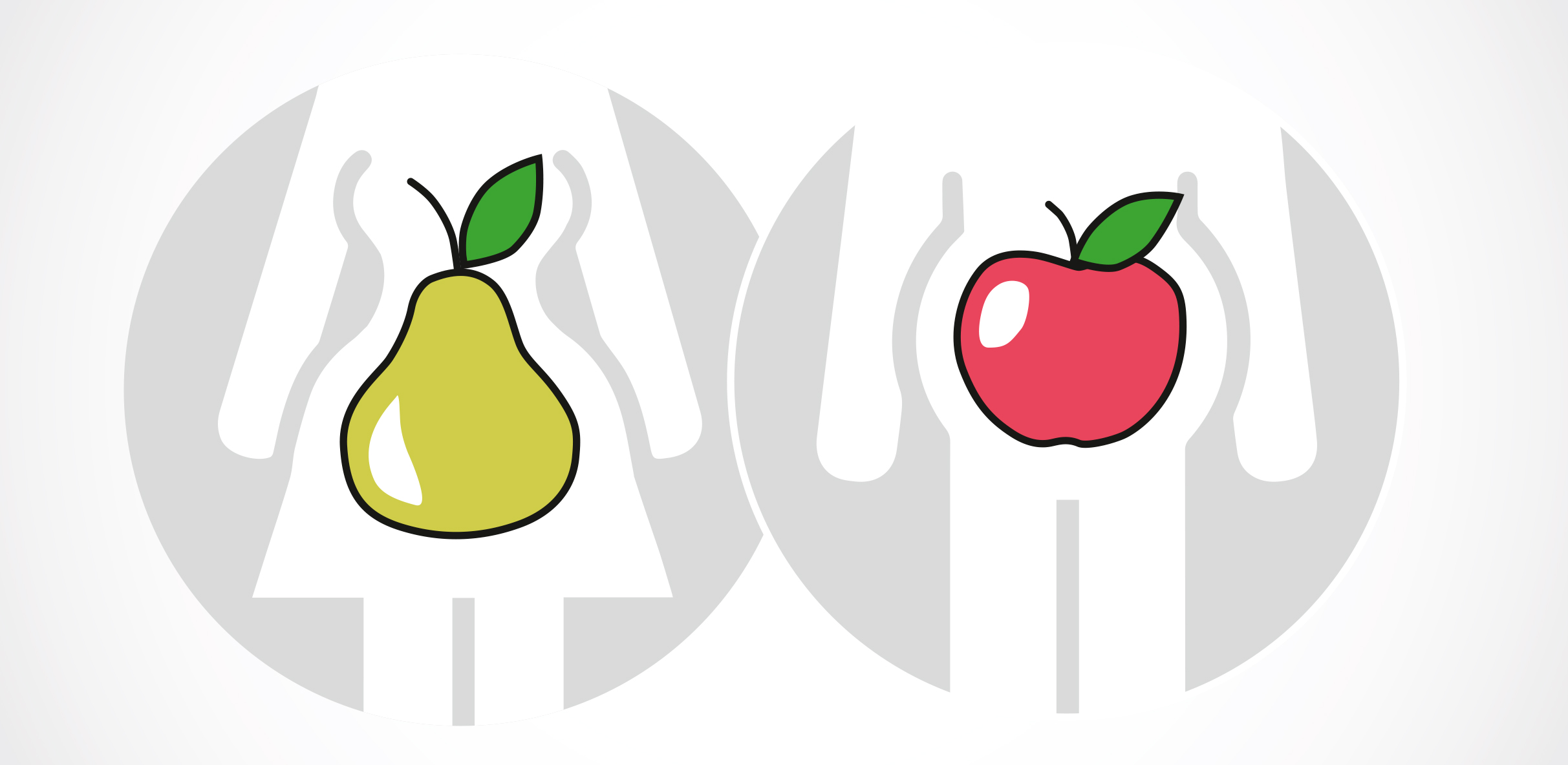 Illustration, die die Körperform von Frauen und Männern beschreibt. Grafik mit zwei sich überschneidenden, grauen Kreisen – links weibliche, weiße Silhouette mit mittig platzierter grüner Birne, rechts männliche, weiße Silhouette mit rotem Apfel