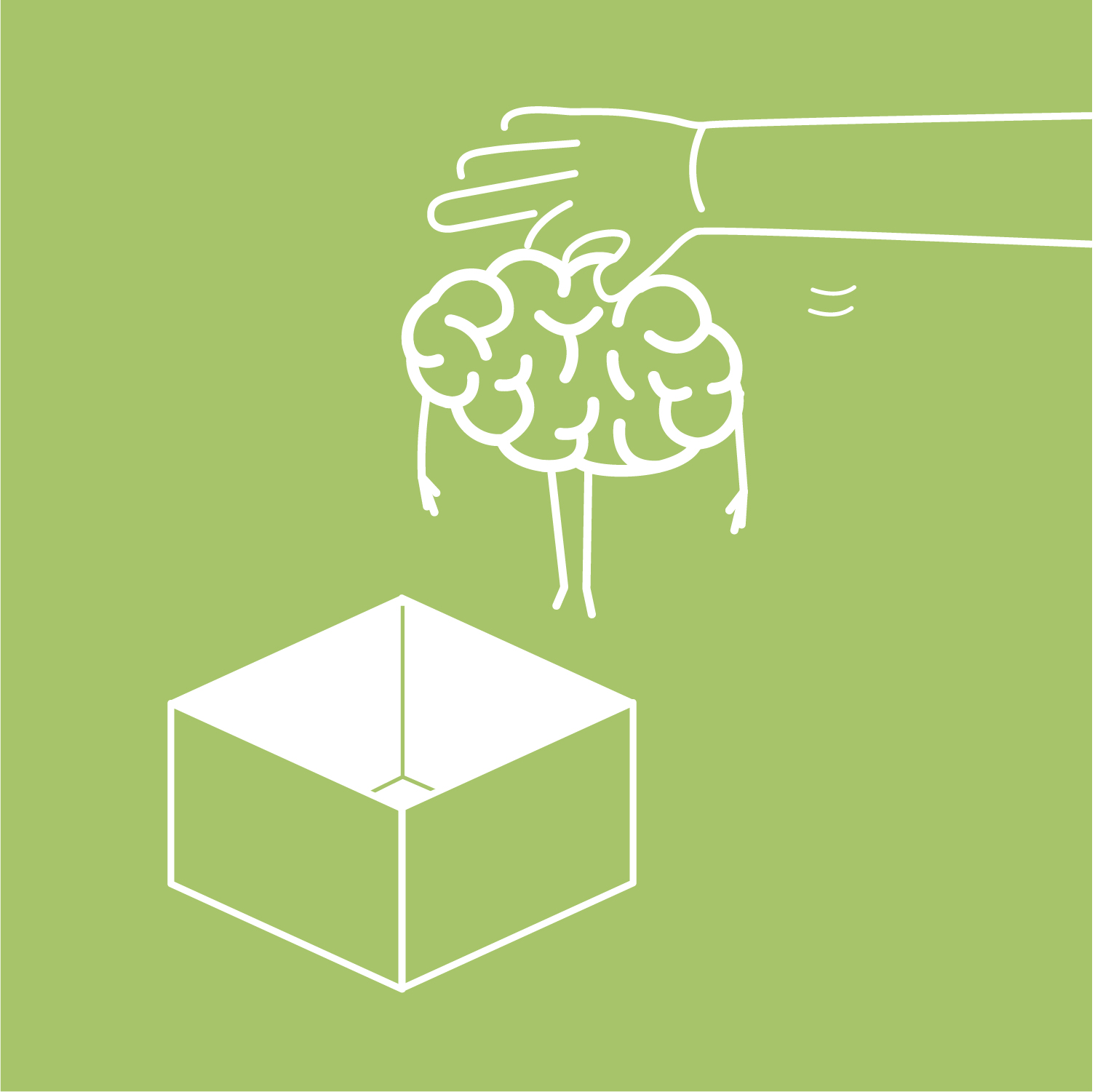 Grafik eines Gehirns, das von einer Hand aus einer Box gezogen wird